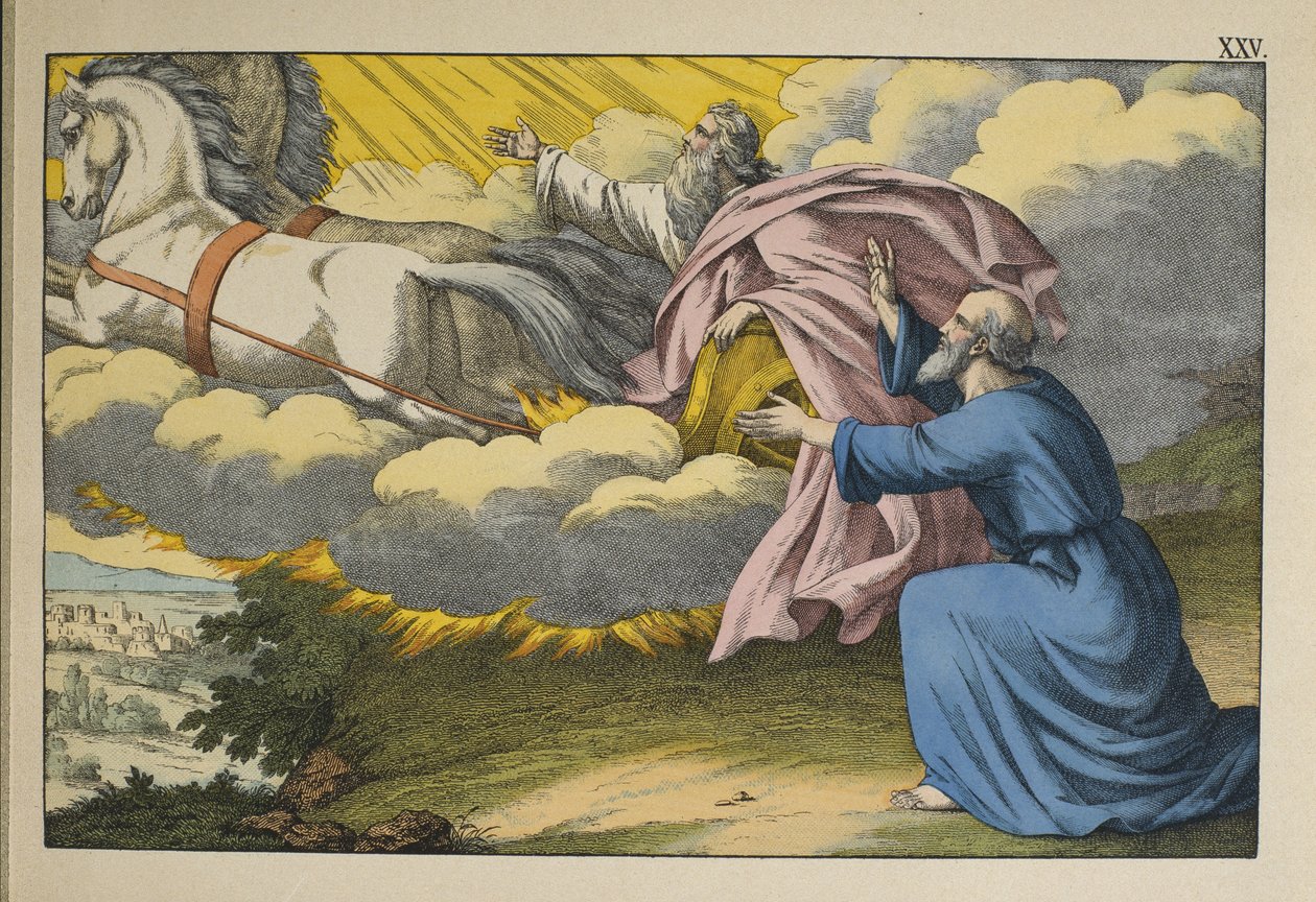 Eliáš vystupuje do nebe ve vichřici a nechává svého žáka Elizea, aby pokračoval ve svém díle, ilustrace z LAncien Testament, vydal Jakob Ferdinand Schreiber, Esslingen (barevná rytina) od German School