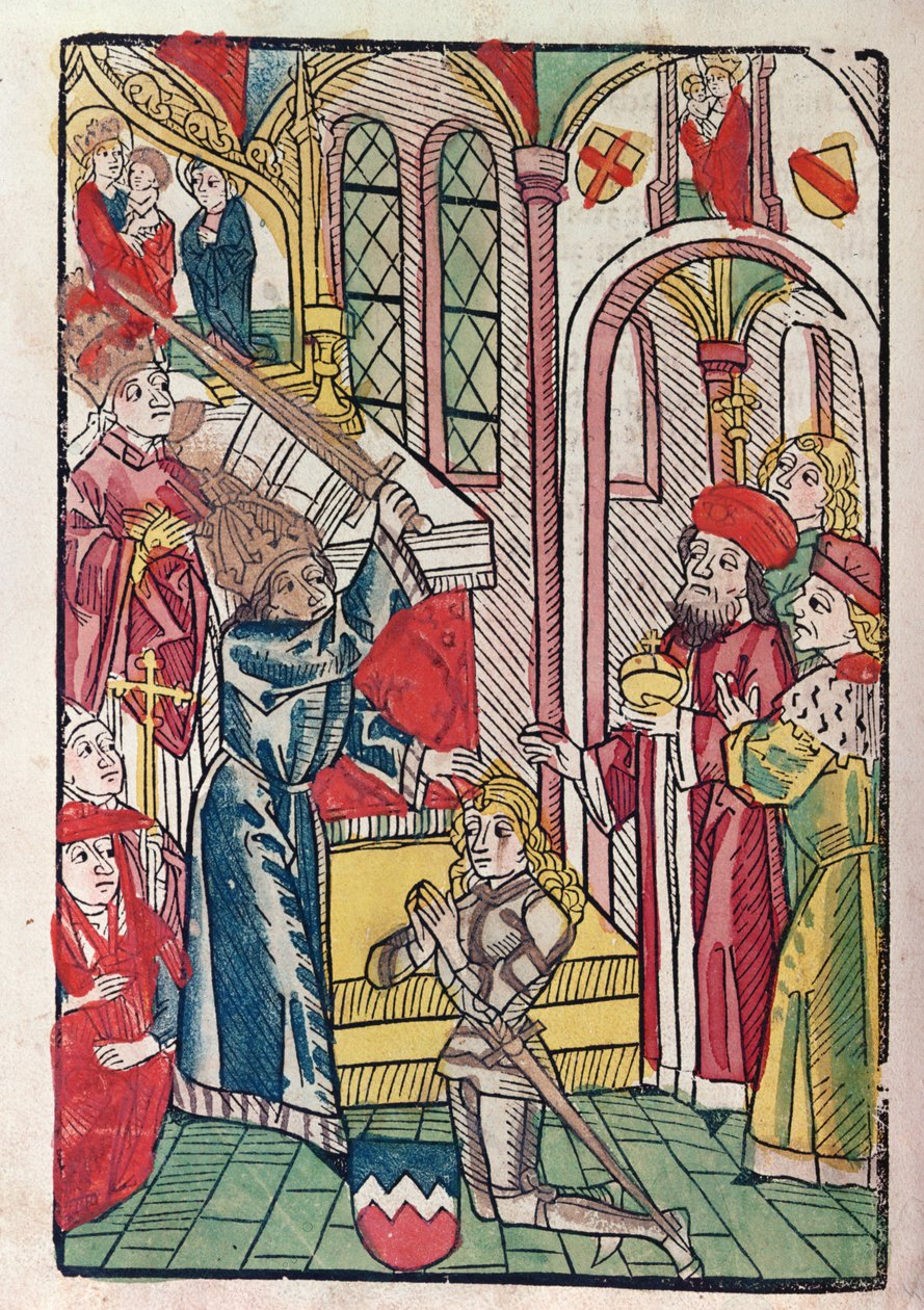 Císař Zikmund (1367-1437) Lucemburský dabující rytíře (barevný dřevoryt) od German School