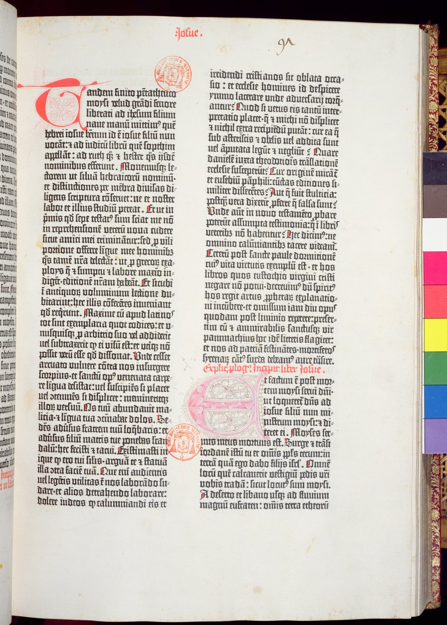 Konec Pentateuchu a začátek Knihy Jozue, z Gutenbergovy bible, tisk Johannes Gutenberg (asi 1400-68) a Peter Schoeffer (1425-1502) v Mohuči, 1454-56 (tištěný papír) od German School