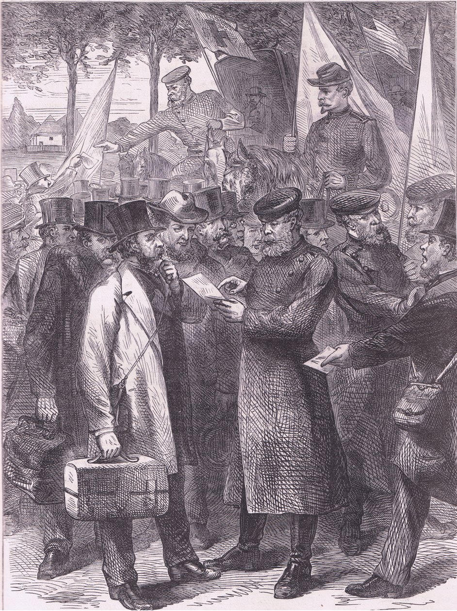 Angličtí obyvatelé opouštějící Paříž, Cassells History of the War between France and Germany vydané nakladatelstvím Cassell and Company Limited, kolem roku 1890 (litho) od German School