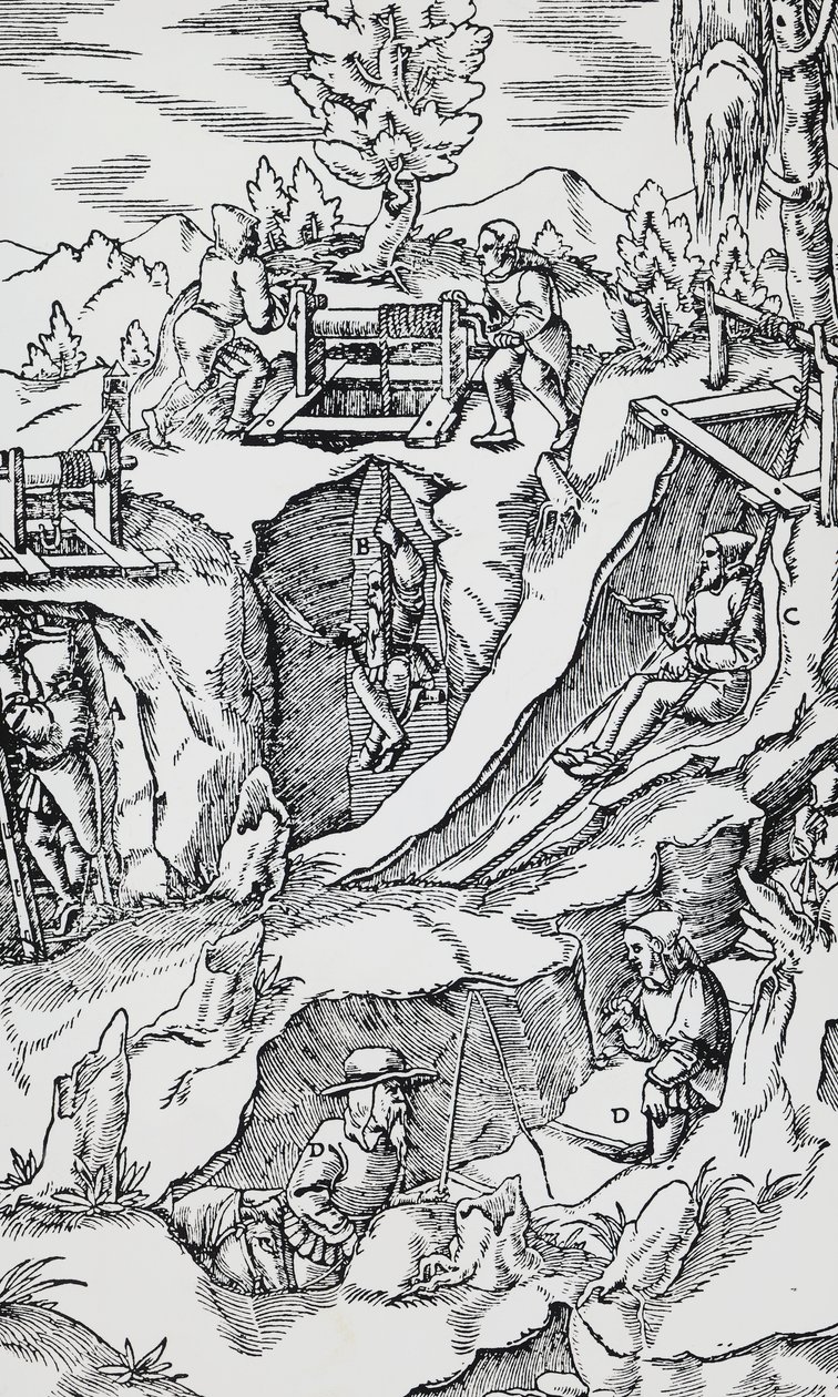 Rytina z De re metallica (O povaze kovů), od Georga Pawera nebo Georgiuse Agricoly (1494-1555), publikovaná v Basileji od German School