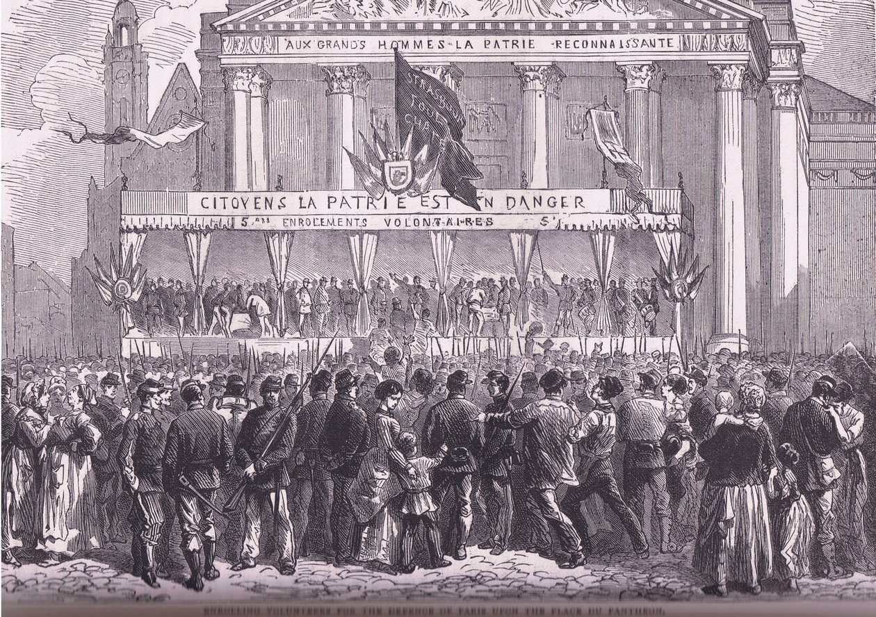 Zapisování dobrovolníků na obranu Paříže, Cassells History of the War between France and Germany vydané nakladatelstvím Cassell and Company Limited, kolem roku 1890 (litho) od German School