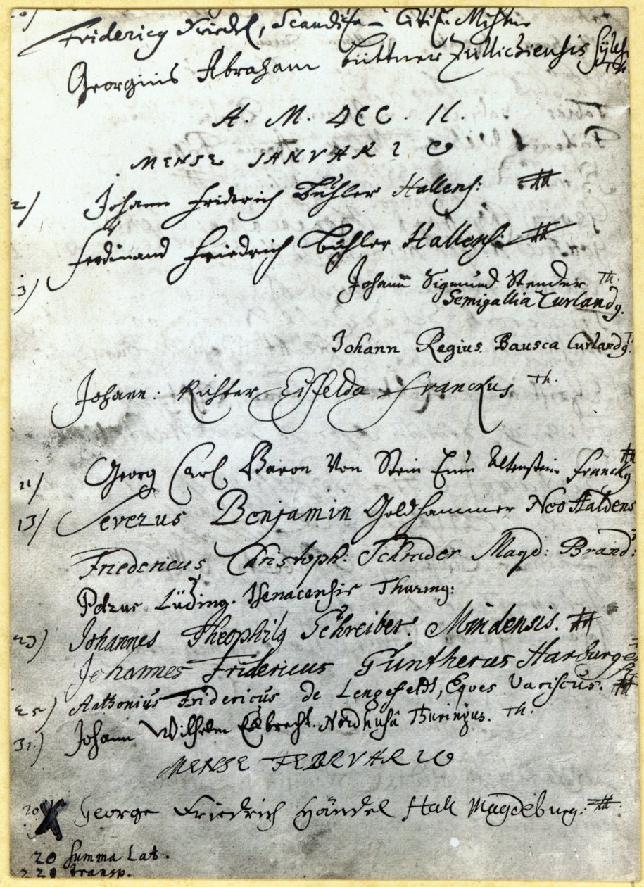 Záznam v záznamech univerzity v Halle, kde je uvedeno Händelovo jméno, 1702 od German School