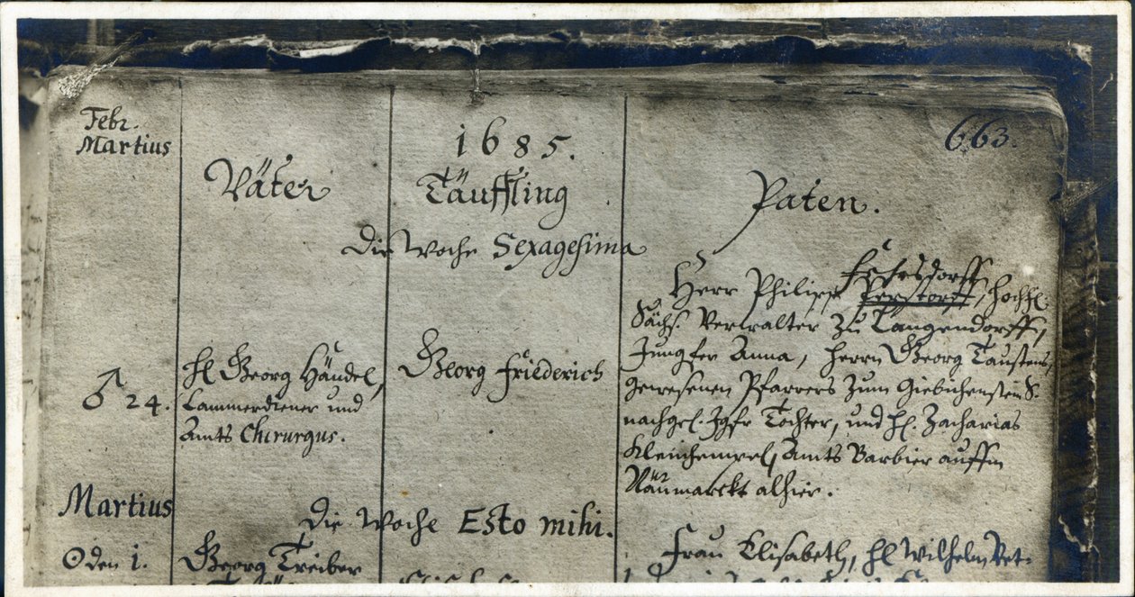 Zápis Händelova křtu z církevního rejstříku Marktkirche, Halle, Německo, 1685 od German School