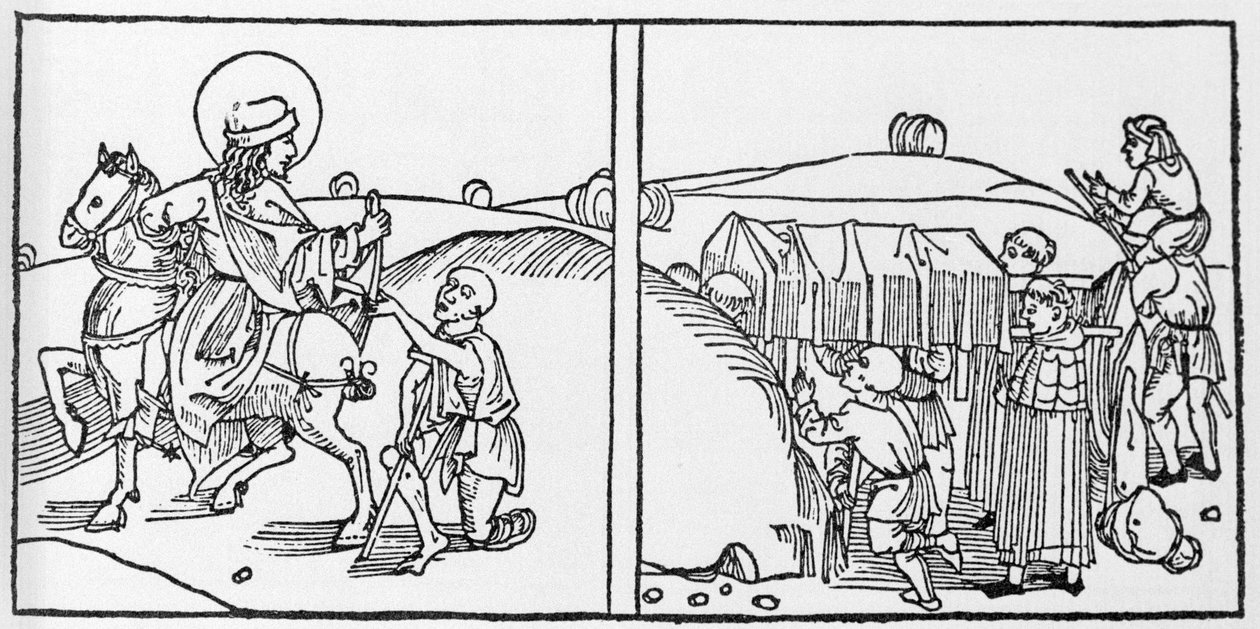Epizody života svatého Martina. Rytina z „Leben der Heiligen - sommerteil“ (Kniha světce) od Jacoba (Jakuba) z Voragine (1228-1298). Lubeck 1488. od German School