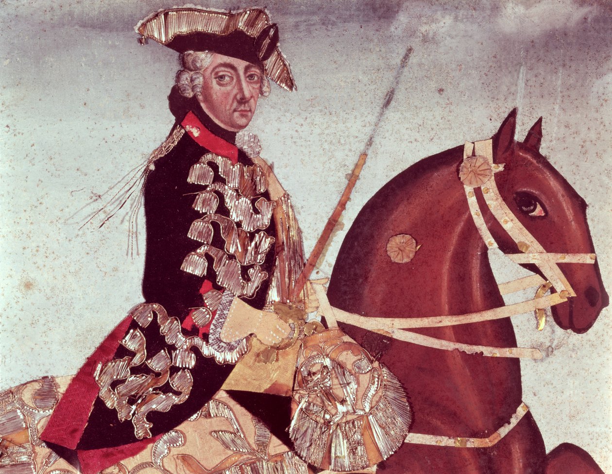 Jezdecký portrét pruského krále Fridricha Velikého (1712-86) (wc a zlatá nit na papíře) od German School