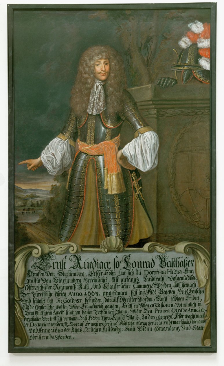 Ernst Ruediger, hrabě Starhemberg, polní maršál a velitel Vídně během tureckého obléhání v roce 1683 ... (olej na plátně) od German School