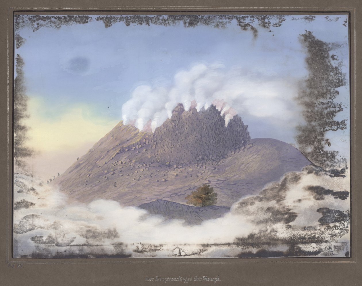 Erupce vulkánu Merapi s výhledem na východní konec kráteru, listopad 1836, pl.VI z Topographischer und Naturwissenschaftlicher Atlas zur Reise durch Java, od Dr. Paní Junghuhnová, Magdebu od German School