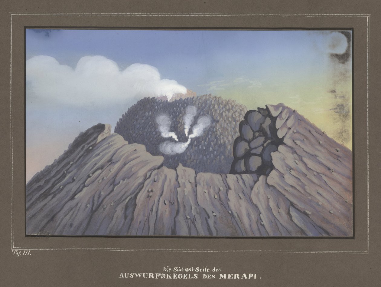 Erupce z hory Merapi, Pl.III, Topografický a vědecký atlas pro cestu přes Jávu, Dr Fr. Junghuhn, Magdeburg 1845 od German School