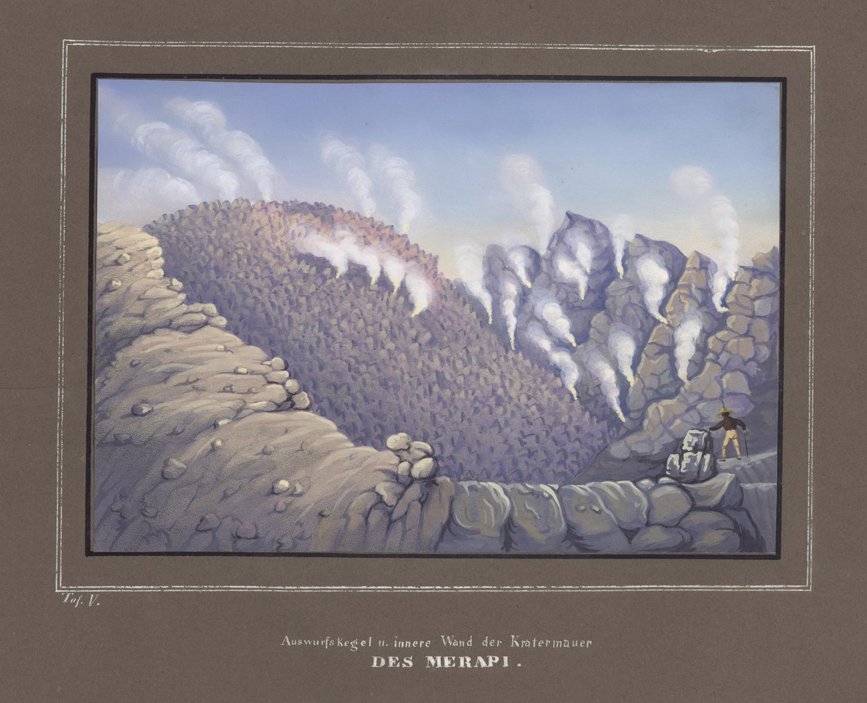 Erupce a vnitřní stěna sopky Merapi, Pl. V z, Topographischer und Naturwissenschaftlicher Atlas zur Reise durch Java, Dr.Fr.Junghuhn, Magdeburg 1845 od German School