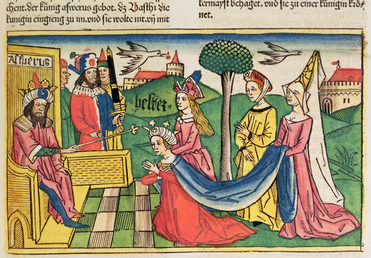 Esther 2 15-18, Ester je vybrána za královnu perským králem Ahasverem z norimberské bible (Biblia Sacra Germanaica) (barevný dřevoryt) od German School