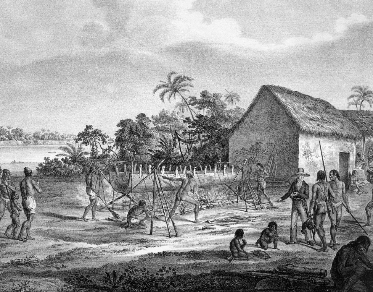 Evropský výměnný obchod v říčním přístavu kmene Miranhas, Amiro Japara, ilustrace z Atlasu cesty v Brazílii od German School