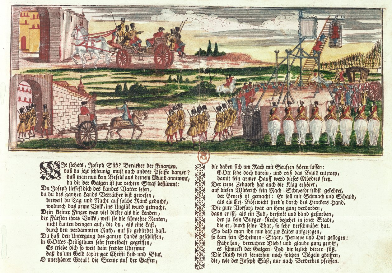 Poprava Josepha Süsse Oppenheimera v roce 1738 (barevný dřevoryt) od German School