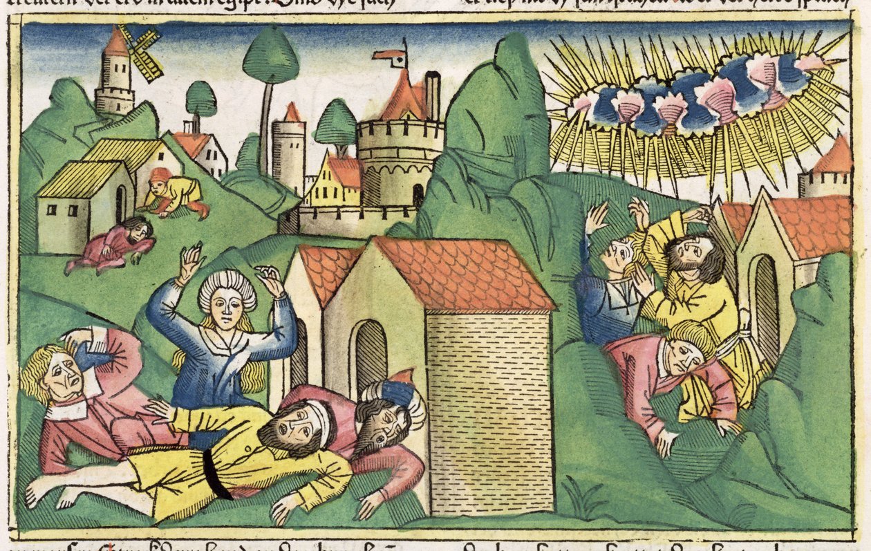 Exodus 11 1-10 Sedm egyptských ran: smrt nejstarších synů, z norimberské bible (Biblia Sacra Germanaica) (barevný dřevoryt) od German School