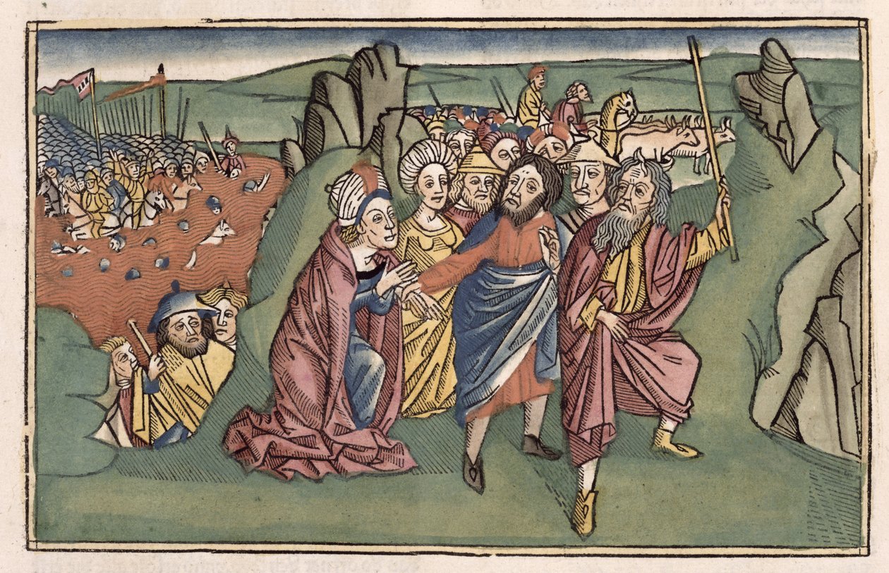 Exodus 14 Mojžíš a Izraelité překračující Rudé moře, z norimberské bible (Biblia Sacra Germanaica) (barevný dřevoryt) od German School