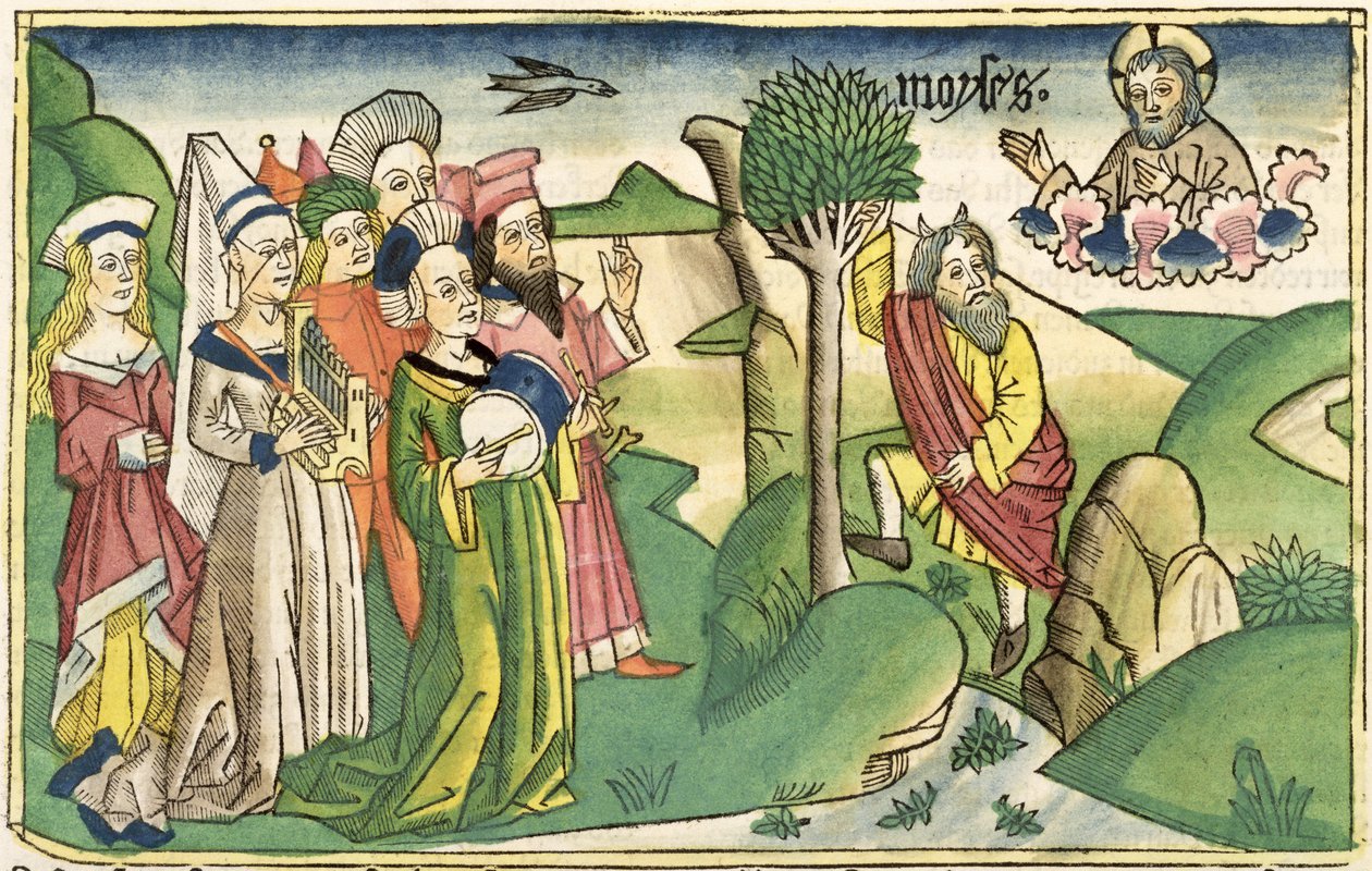 Exodus 15 1-19 Mojžíšova píseň, z norimberské bible (Biblia Sacra Germanaica) (barevný dřevoryt) od German School