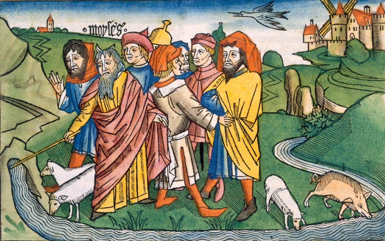Exodus 17 1-7 Mojžíš nutí proudit vodu ze skal Hareb, z norimberské bible (Biblia Sacra Germanaica) (barevný dřevoryt) od German School