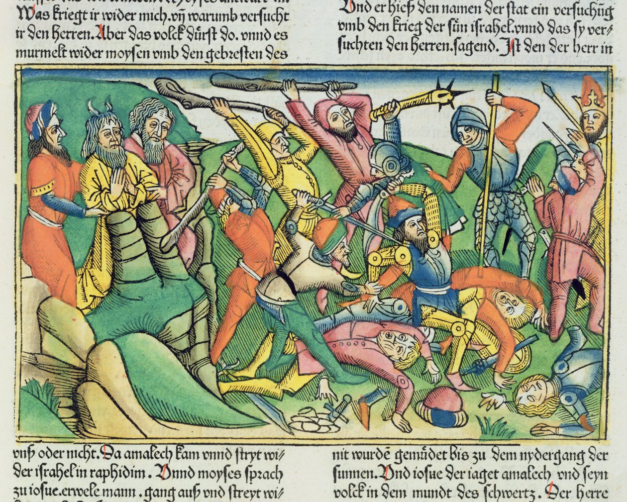 Exodus 17 8-15 Áron a Hur podporují Mojžíše, aby zajistili vítězství Izraelitů nad Amalekity, z norimberské bible (Biblia Sacra Germanaica) (barevný dřevoryt) od German School