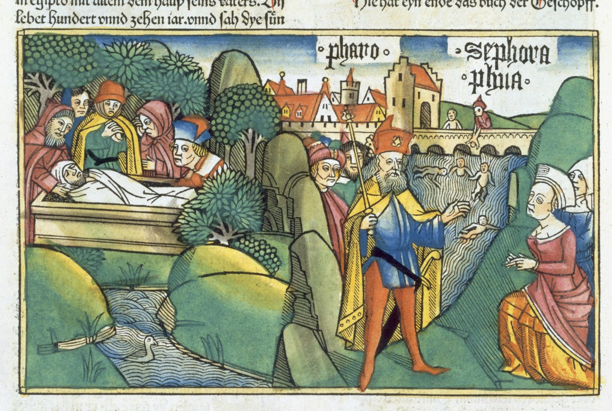 Exodus 18 1 15-22 Pohřeb Josefa a příběh hebrejských porodních bábek z „Norimberské bible (Biblia Sacra Germanaica)“ (barevný dřevoryt) od German School