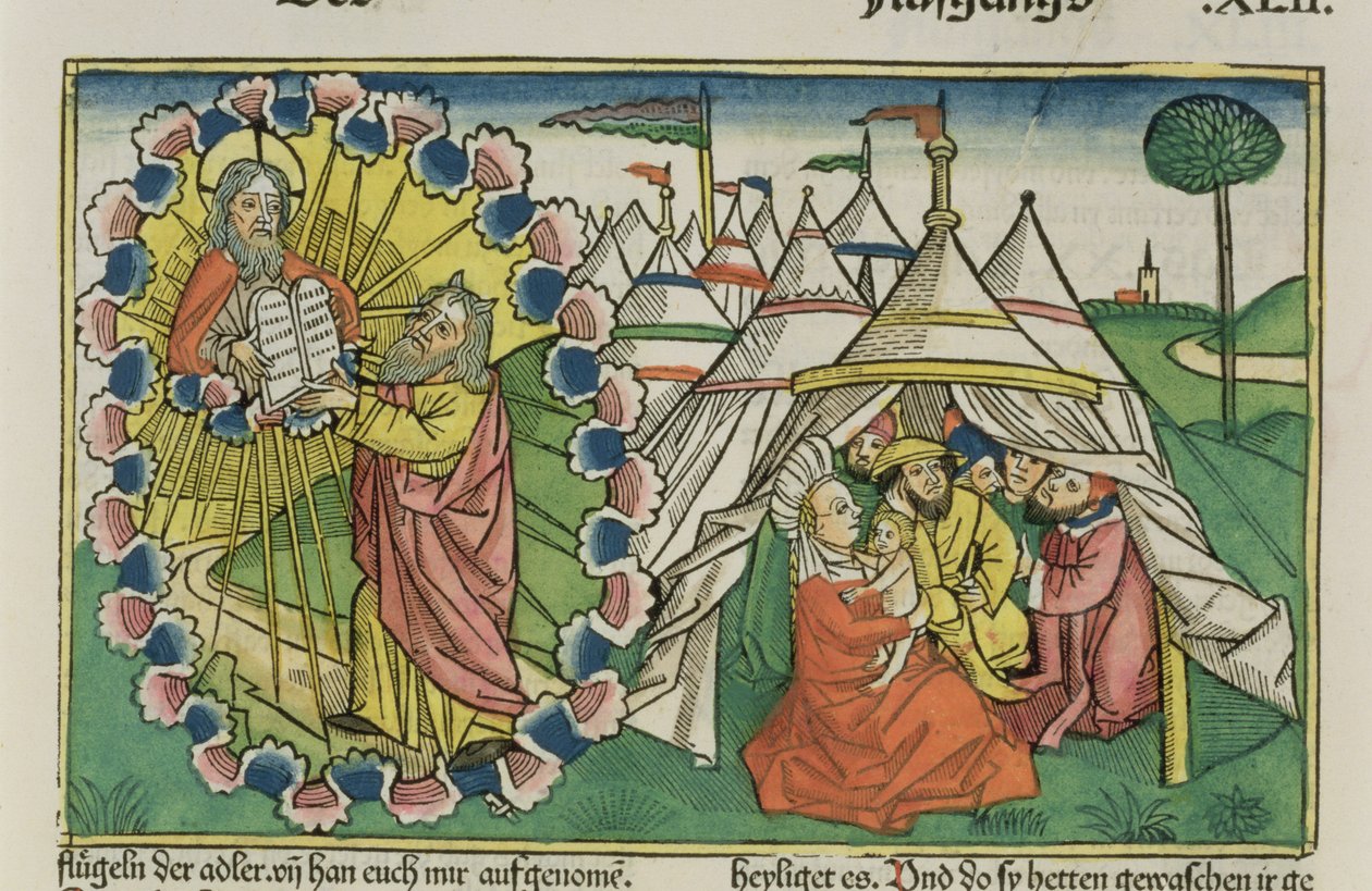 Exodus 20 1-5 Mojžíš přijímající Desatero přikázání z norimberské bible (Biblia Sacra Germanaica) (barevný dřevoryt) od German School