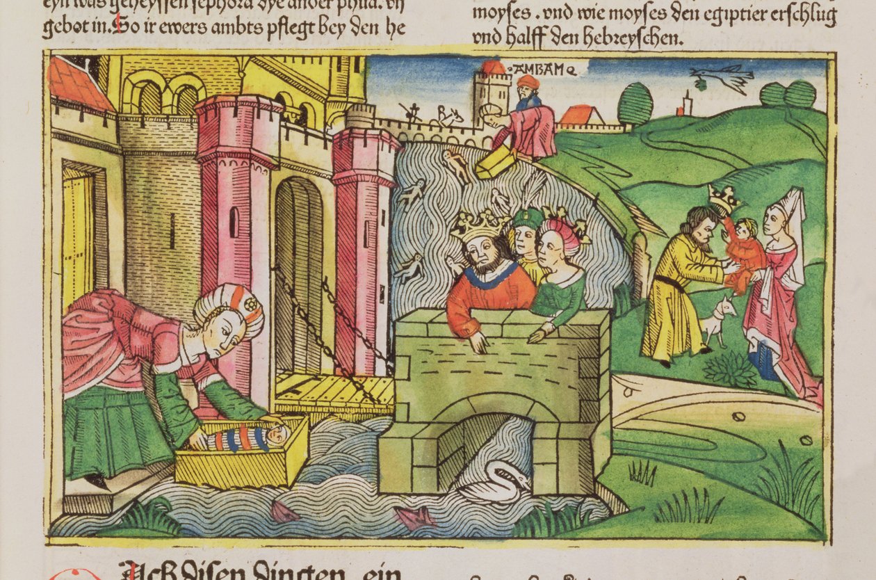 Exodus 2 1-6 Mojžíš byl splaven po Nilu a objeven jednou z faraonových manželek, z norimberské bible (Biblia Sacra Germanaica) (barevný dřevoryt) od German School