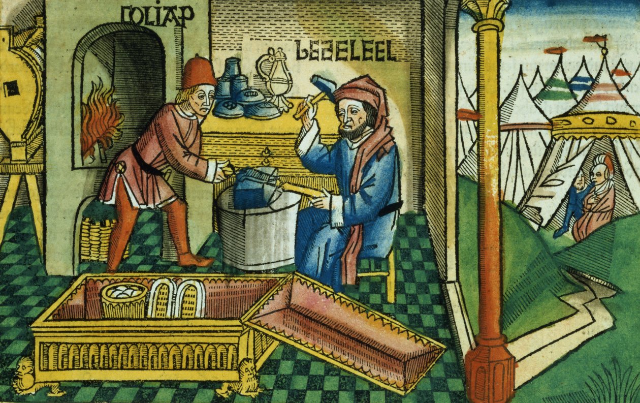 Exodus 31 2-8 Becalel a Oholiab vyrábějící archu úmluvy z norimberské bible (Biblia Sacra Germanaica) (barevný dřevoryt) od German School
