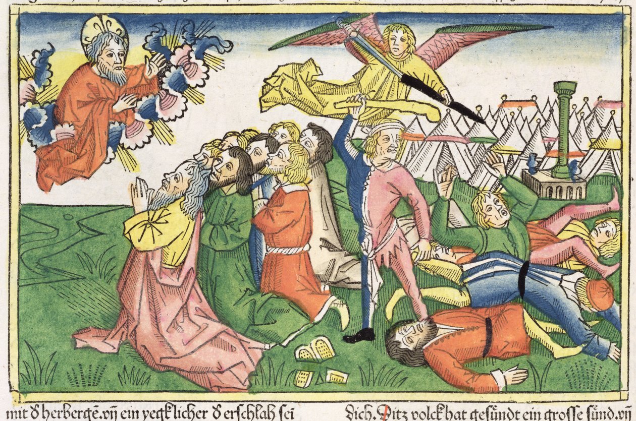 Exodus 32 15-23 Mojžíš rozbíjející kamenné desky, z norimberské bible (Biblia Sacra Germanaica) (barevný dřevoryt) od German School