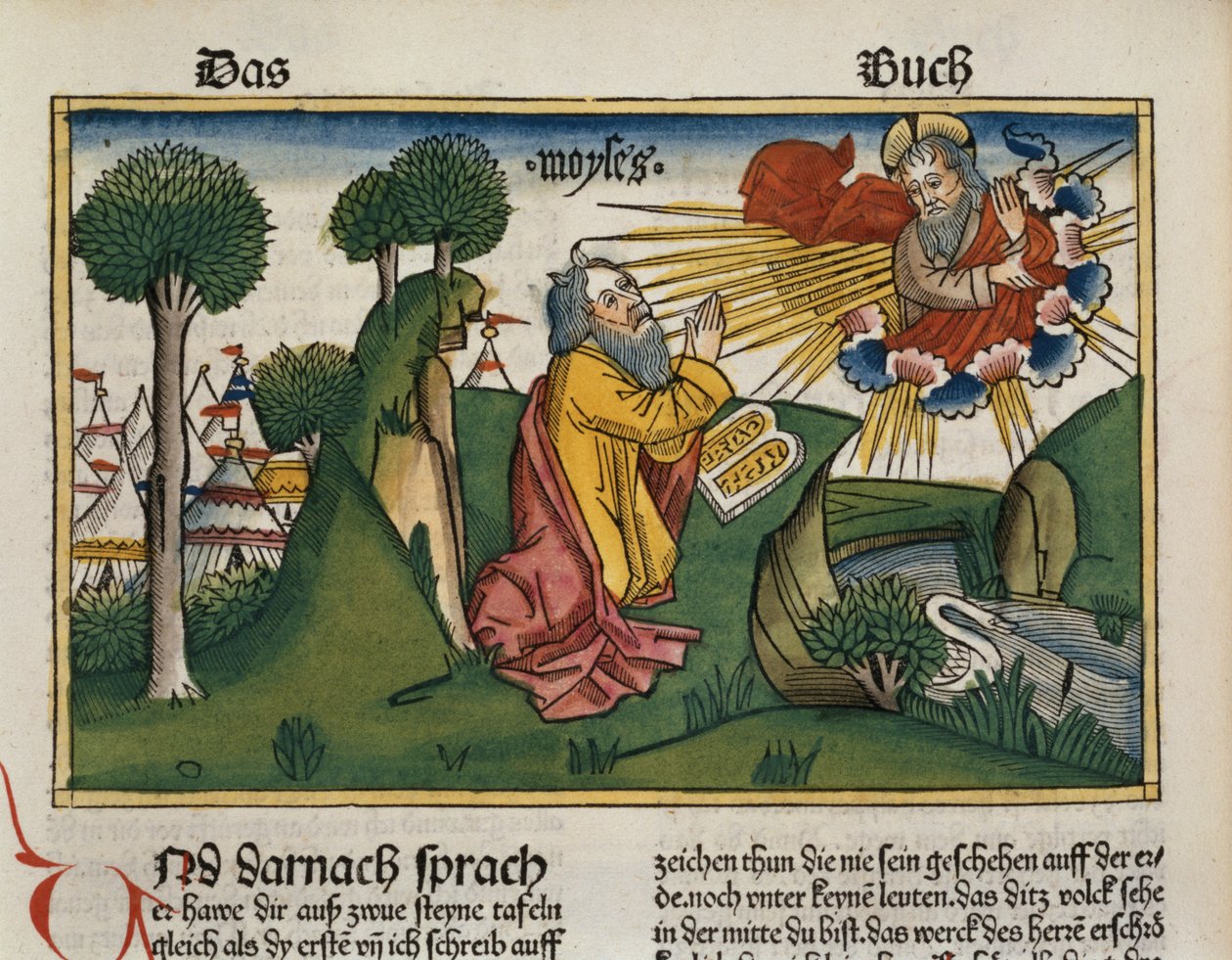 Exodus 34 1-10 Mojžíš dostává druhou desku s Desaterem přikázání z norimberské bible (Biblia Sacra Germanaica) (barevný dřevoryt) od German School