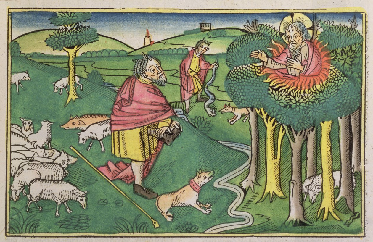 Exodus 3 1-22 Hořící keř a Exodus 4 1-4 Bůh vyzbrojil Mojžíše zázračnou tyčí z norimberské bible (Biblia Sacra Germanaica) (barevný dřevoryt) od German School