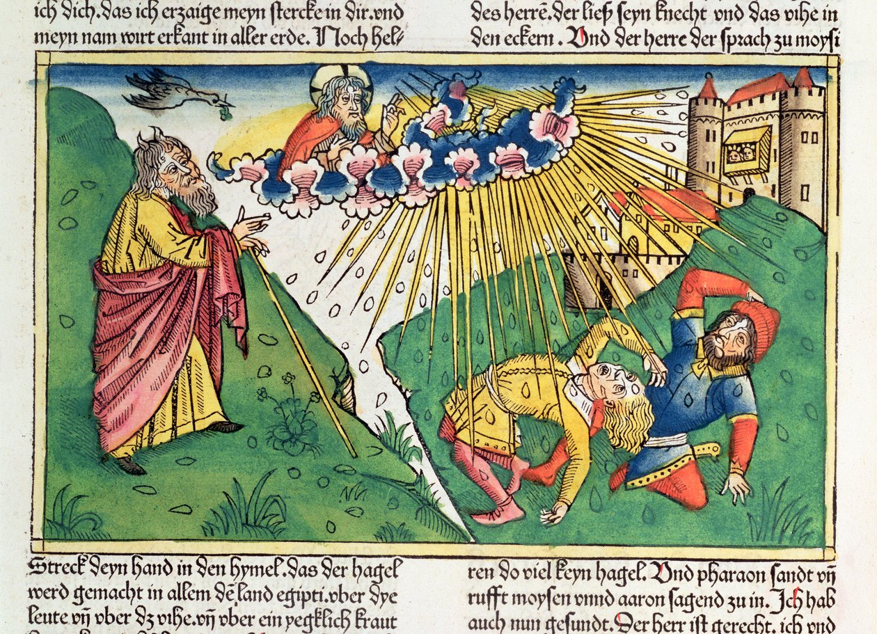 Exodus 9 13-35 Sedm egyptských ran: Mojžíš a mor krupobití a blesků, z „Norimberské bible (Biblia Sacra Germanaica)“ (barevný dřevoryt) od German School