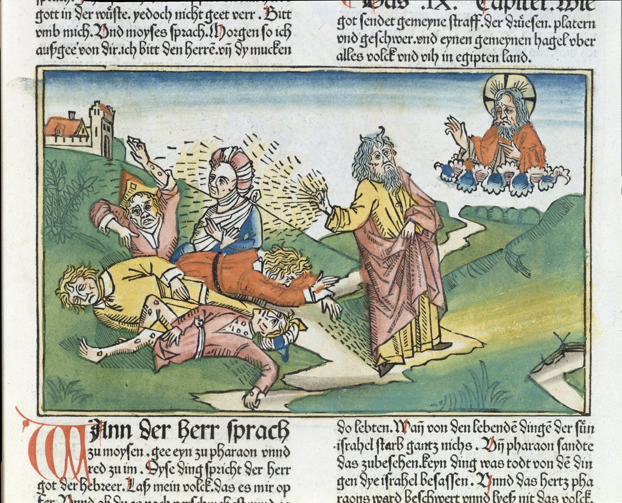 Exodus 9 8-12 Sedm ran Egypta: Mojžíš a mor vředů, z norimberské bible (Biblia Sacra Germanaica) (barevný dřevoryt) od German School