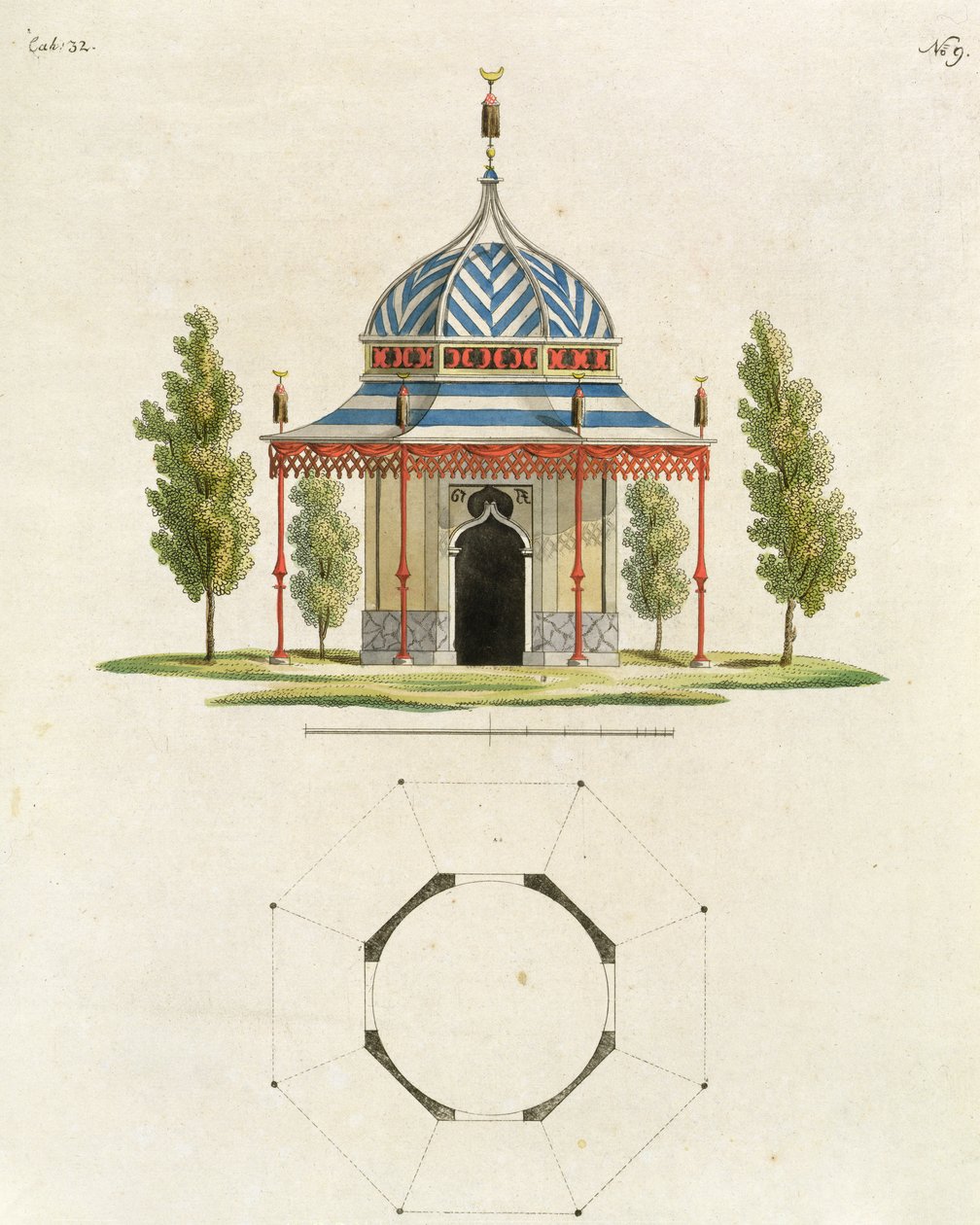 Exteriér čínského zahradního chrámu, z publikace Recent New Ideas for the Garden, vydané v roce 1779 (barevná rytina) (viz také 170864) od German School