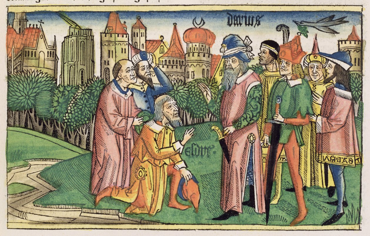 Ezra 6 16 Jeruzalémský chrám je zasvěcen králem Dareiem, z norimberské bible (Biblia Sacra Germanaica) (barevný dřevoryt) od German School