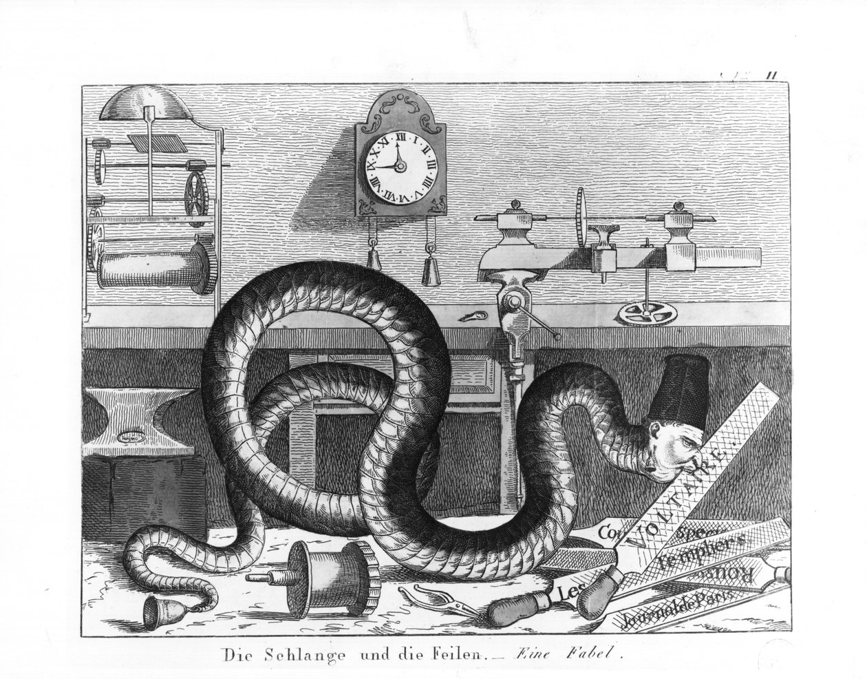 Fable of the Snake and the Files (rytina) (černobílá fotografie) od German School