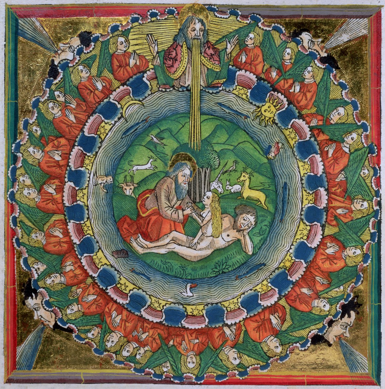 Faksimile kopie Genesis 2:22 Bůh stvořil Evu z norimberské bible (Biblia Sacra Germanaica) od German School