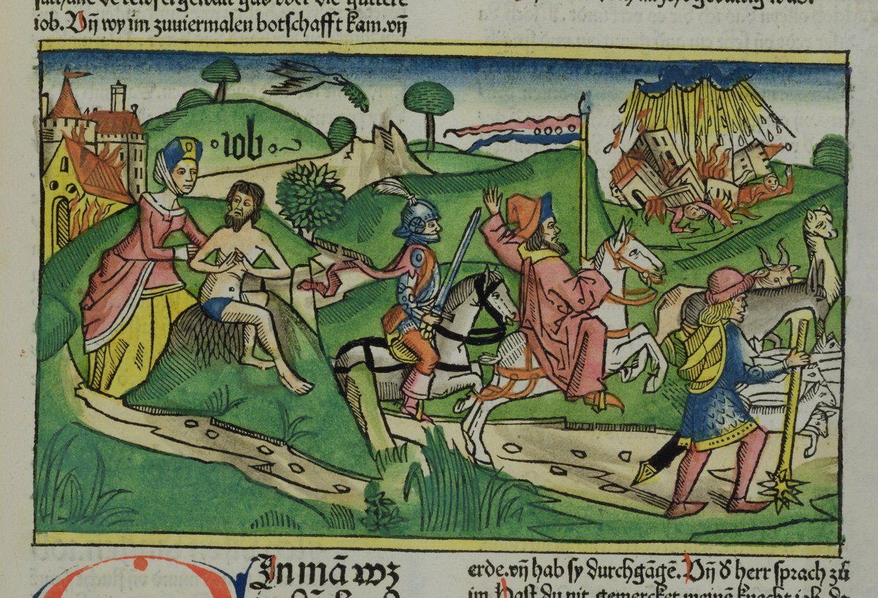 Faksimile kopie Job: Frontispiece, Job je napomínán svou ženou, jeho dům a rodina jsou zničeny hurikánem a jeho dobytek byl ukraden, z norimberské bible (Biblia Sacra Germanaica) (barevné od German School