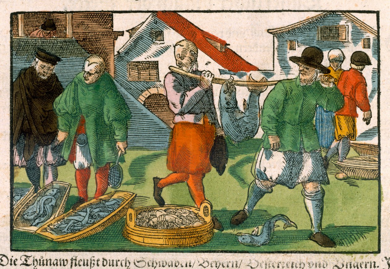Rybí trh, z německého rukopisu, kolem 1650 (ručně kolorovaný dřevoryt) od German School