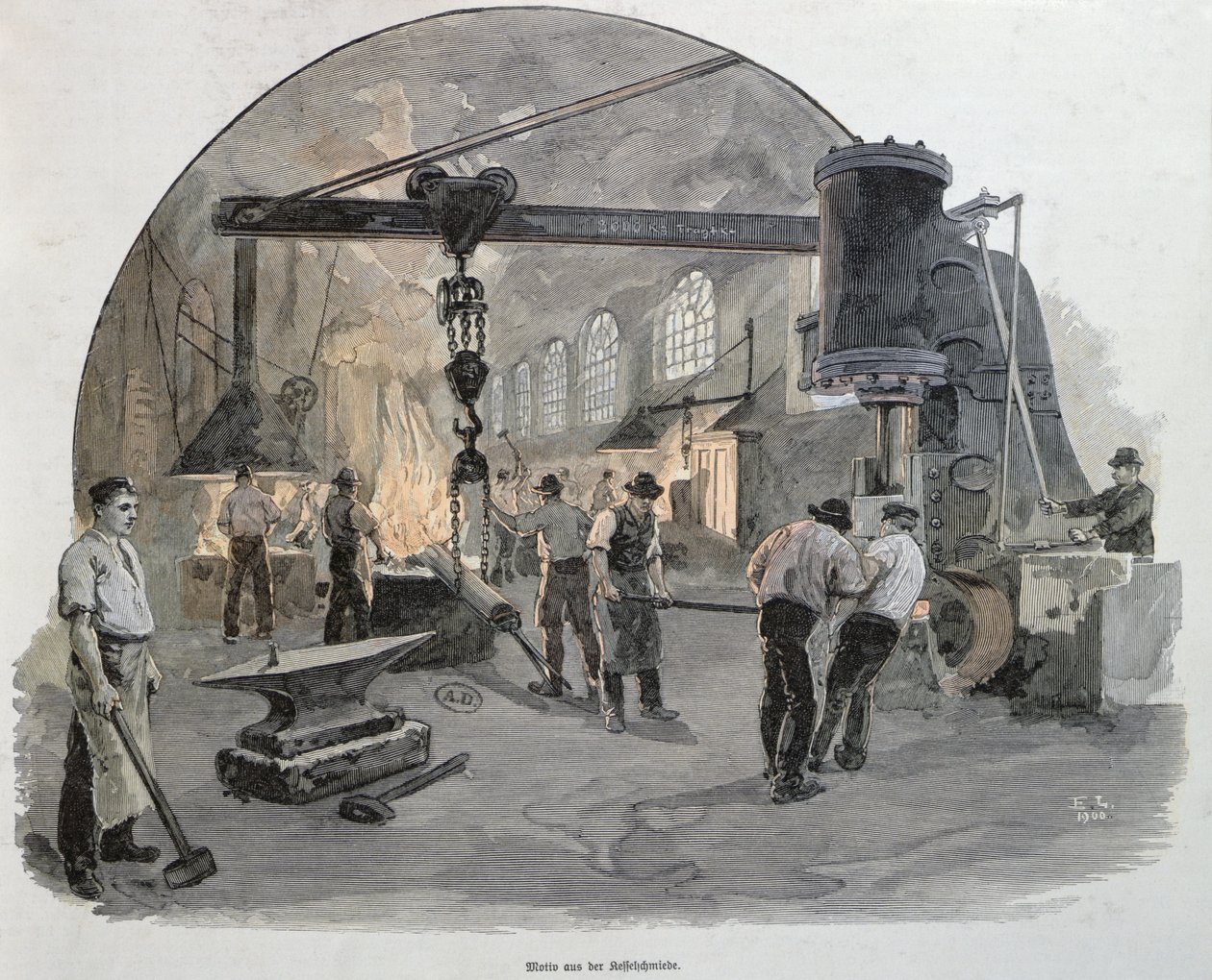Kovárny v Imperial Engineering Works v Kielu (barevné rytí) od German School