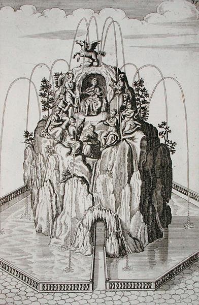 Návrh fontány, z „Architectura Curiosa Nova“, od Georga Andrease Bocklera (1617-85), vydáno 1704 (rytina) od German School