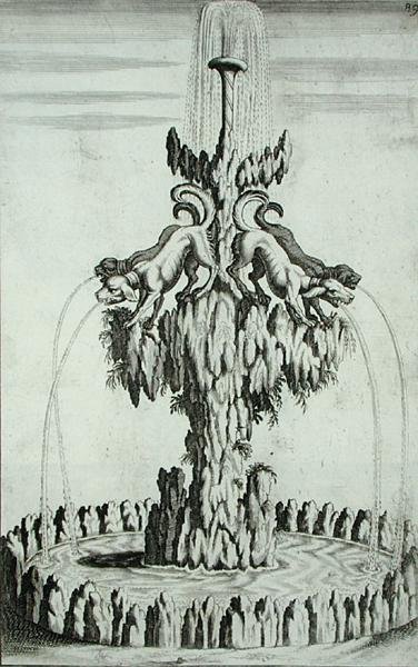 Fontána se psy, z „Architectura Curiosa Nova“, od Georga Andrease Bocklera (1617-85), vydáno 1704 (rytina) od German School