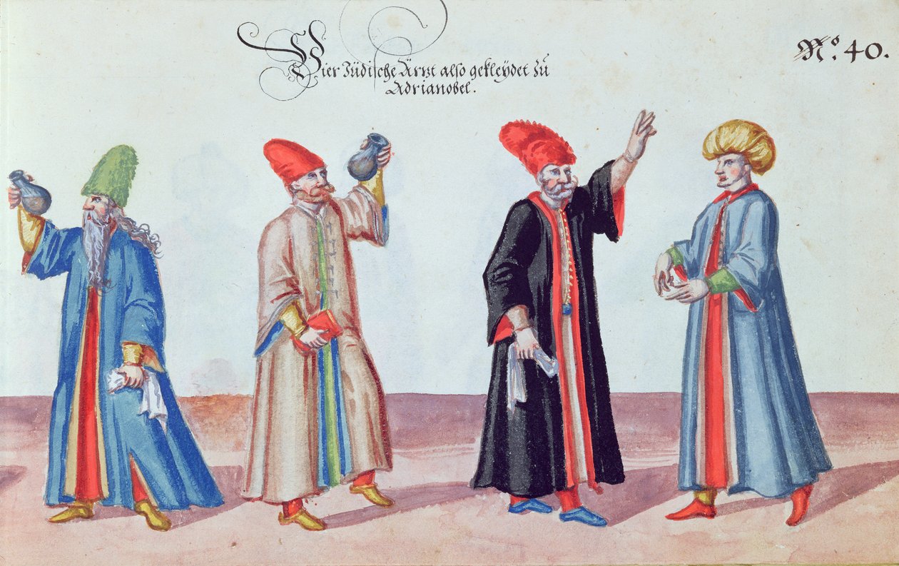 Čtyři židovští lékaři z Adrianopole, Turecko, cca 1600 (wc na papíře) od German School