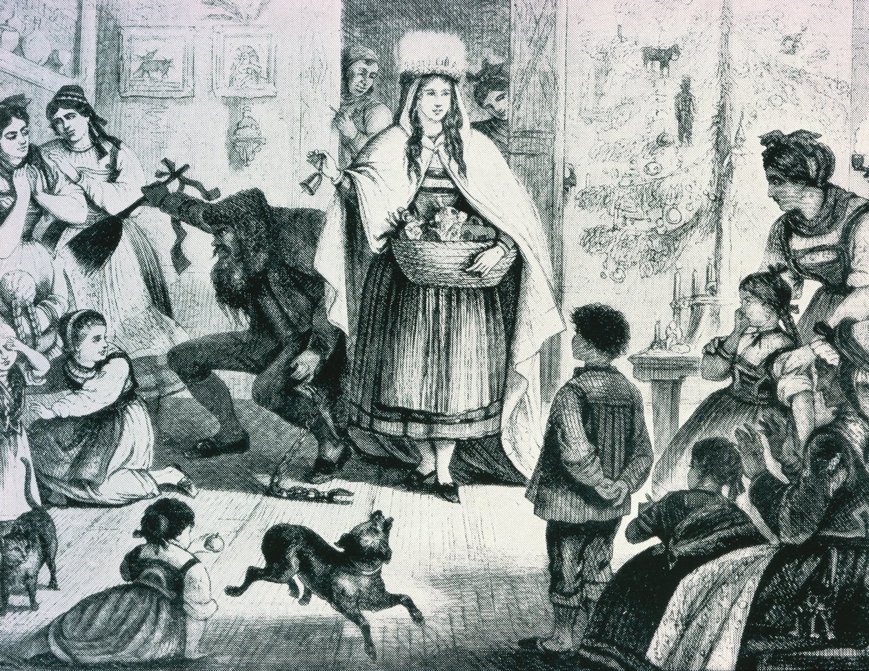 Frau Berchta přináší dárky do Porýní (litho) od German School