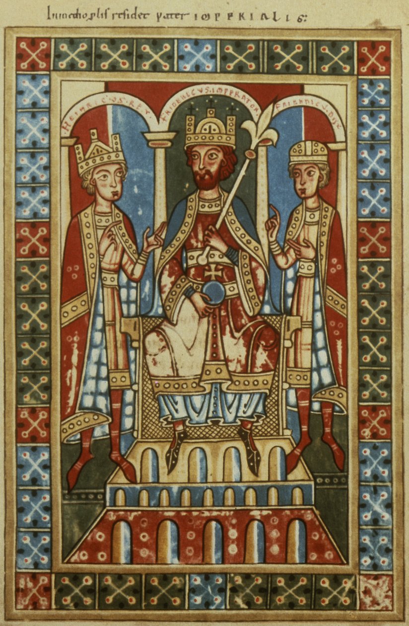 Frederick I. se svými dvěma syny králem Jindřichem VI. a vévodou Fridrichem, kolem roku 1180 od German School