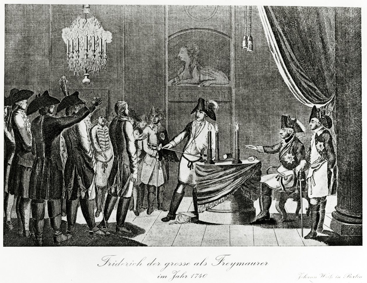 Fridrich Veliký přijímá svého švagra Fridricha, markraběte Braniborsko-Bayreuthského jako svobodného zednáře v Berlíně v roce 1740 od German School