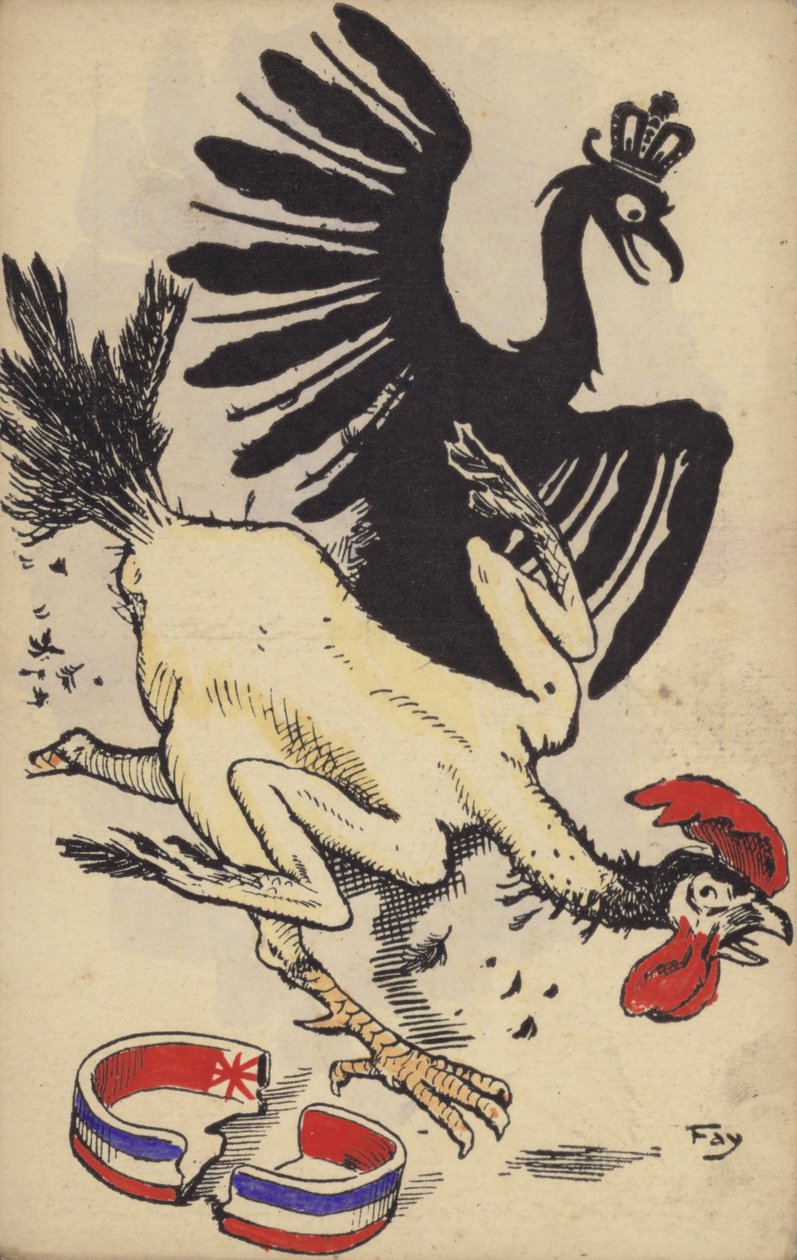 Francouzský kohout prchající před německým orlem (barevná litografie) od German School