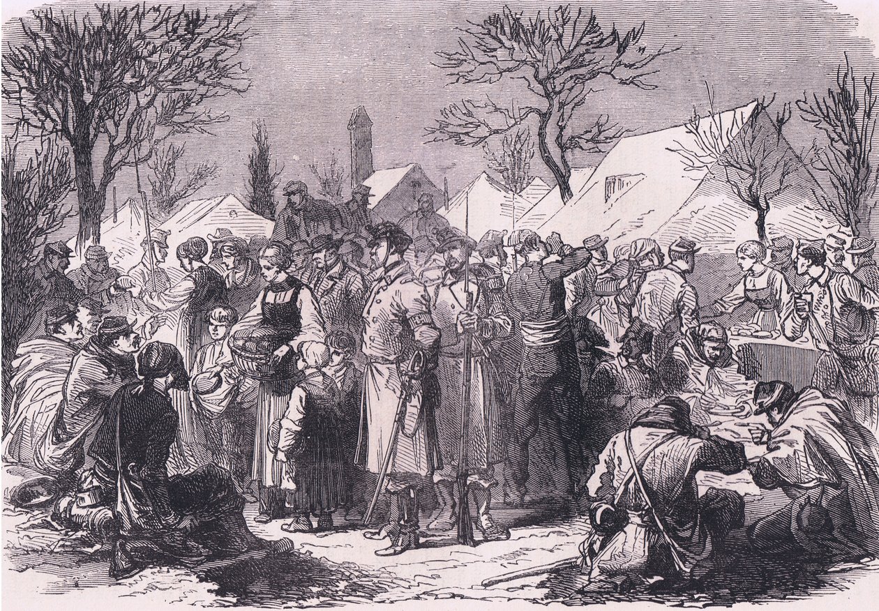 Francouzští uprchlí vojáci ve Švýcarsku, Cassells Historie války mezi Francií a Německem vydaná Cassell and Company Limited, kolem roku 1890 (litho) od German School