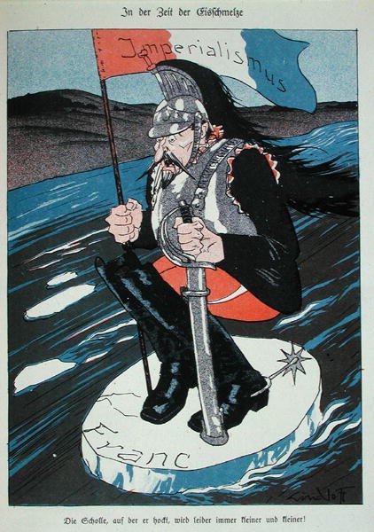 Francouzské imperiální ambice ohrožené kolapsem franku, karikatura z „Kladderadatsch“ od German School