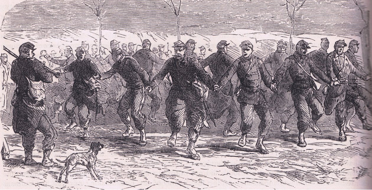 Francouzští vojáci tančící v táboře, Cassells Historie války mezi Francií a Německem vydaná Cassell and Company Limited, kolem roku 1890 (litho) od German School