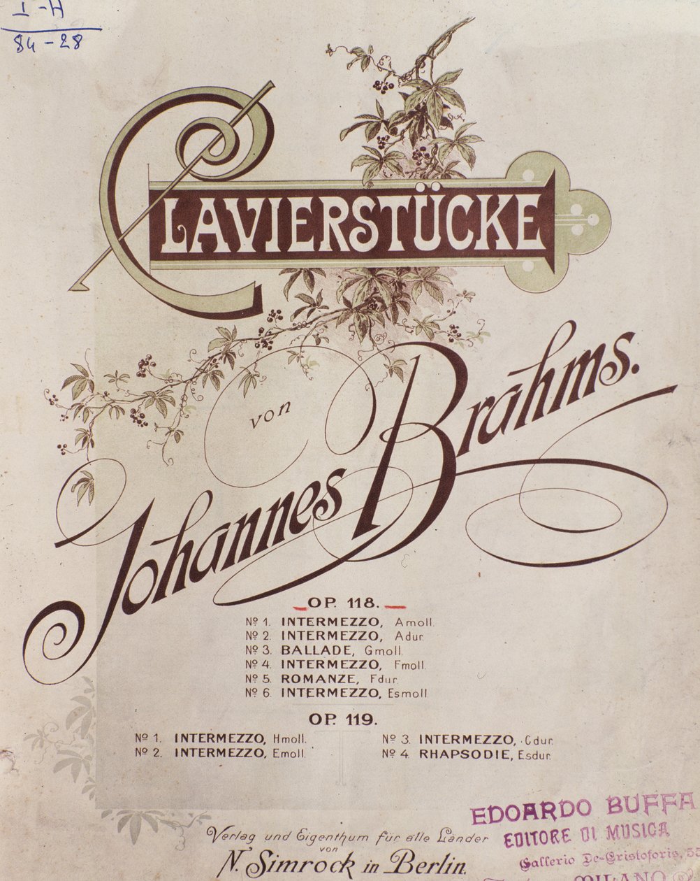 Frontispis Clavierstucke (op. 118 a op. 119) od Johannese Brahmse (1833-1897) od German School