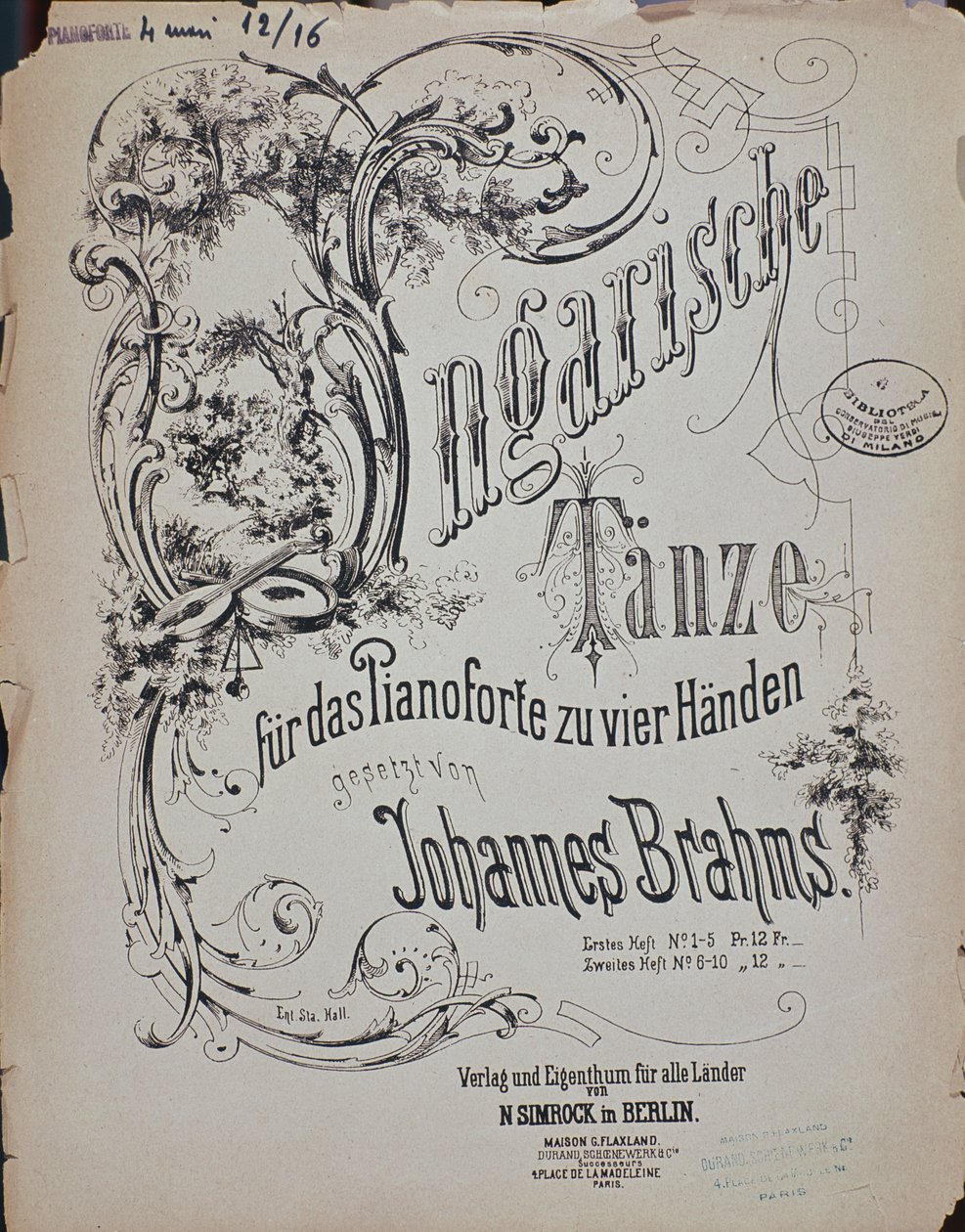 Frontispis maďarských tanců (maďarský tanec) od Johannese Brahmse (1833-1897) od German School